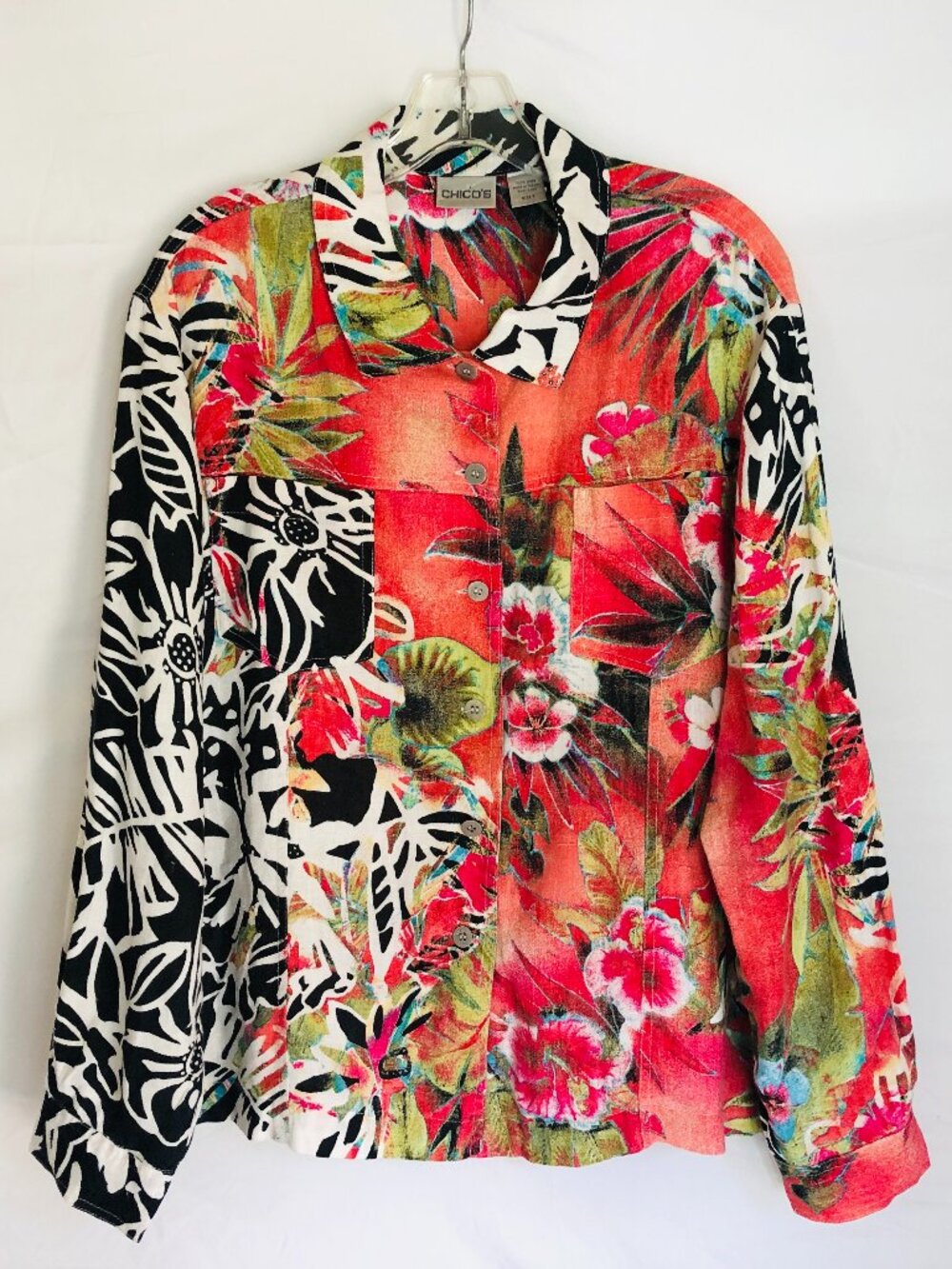 Chicos Women's Size 3 Top Tropical Floral 100% Linen Jacket US‎ Size XL